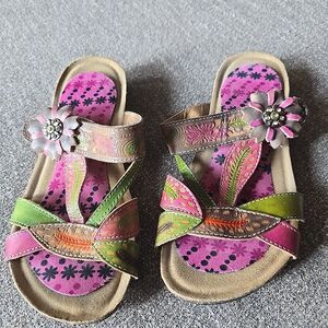L'Artist Wilma Sandals 37 EU 7 US Pink Green Gray Tan Rhinestones Nice Spring St